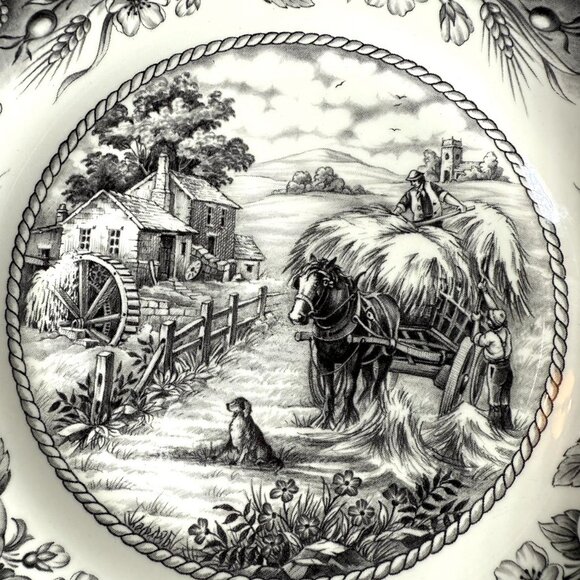 ROYAL STAFFORD Hayride Black Salad Plate - Set of 2, Harvest Scene, Horse & Dog - Picture 3 of 6